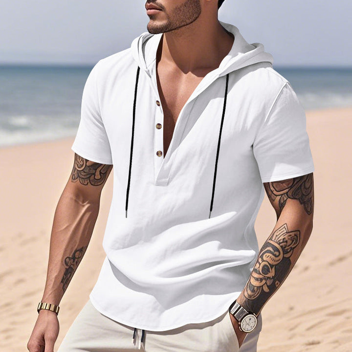 Camicia Henley con cappuccio in lino traspirante e maniche corte
