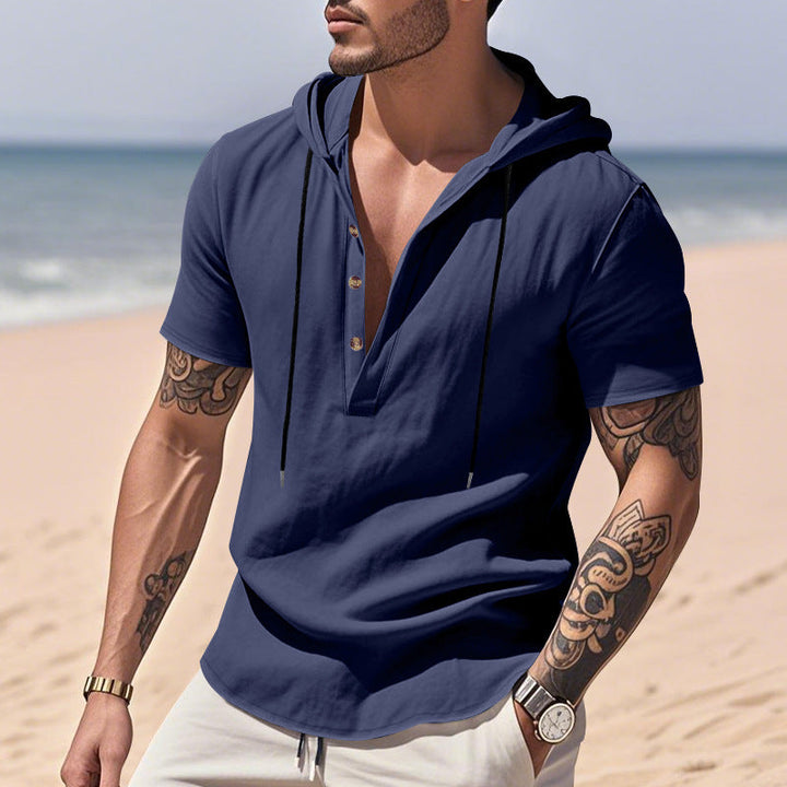 Camicia Henley con cappuccio in lino traspirante e maniche corte