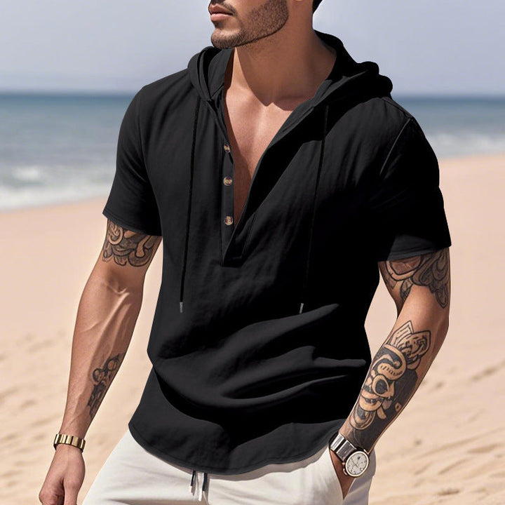 Camicia Henley con cappuccio in lino traspirante e maniche corte