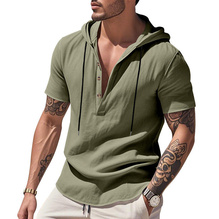 Camicia Henley con cappuccio in lino traspirante e maniche corte